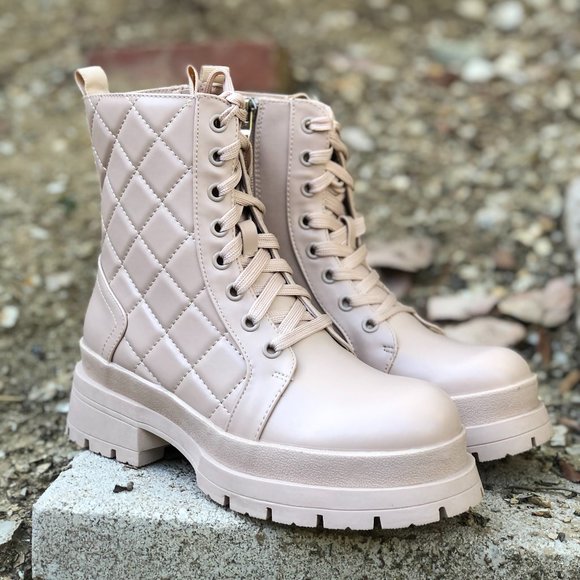 [New] Nude Beige Quilted Laced Up Lug Sole Platform Combat Boots Booties Shoes - Picture 3 of 6